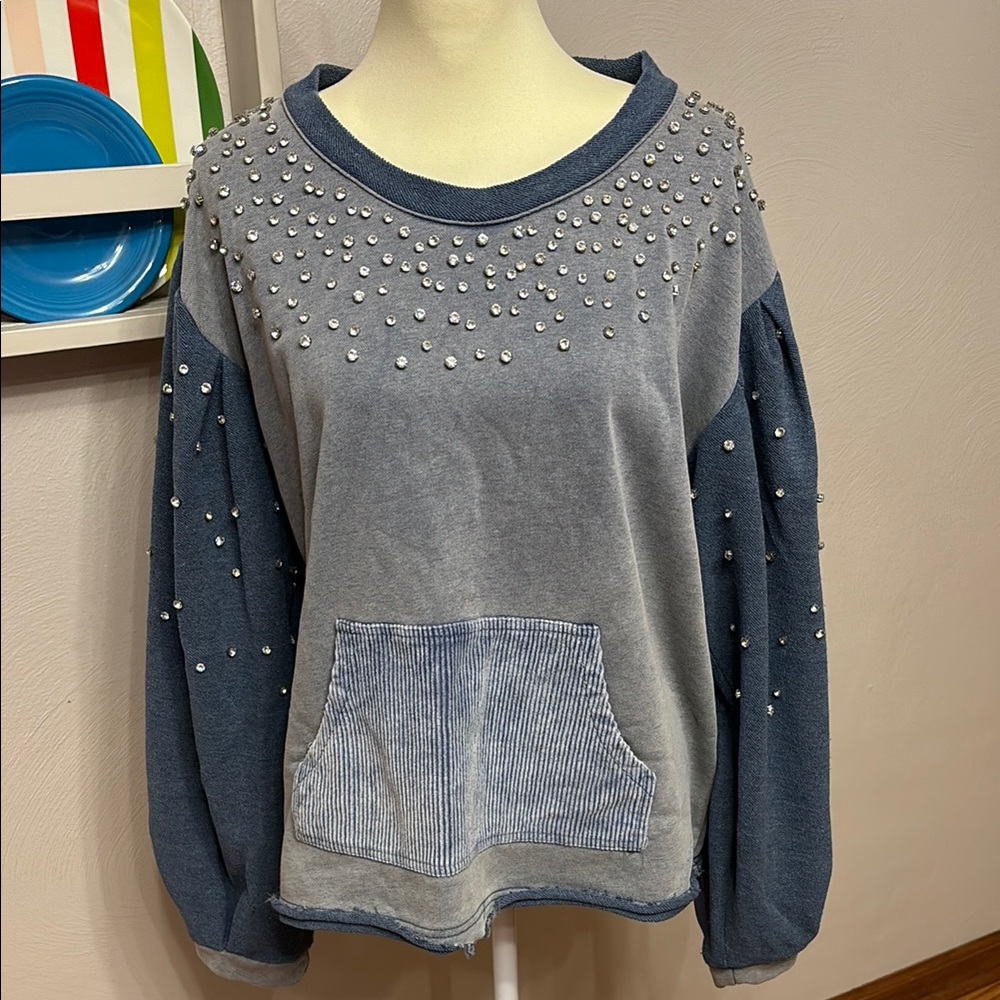 POL Blue & Gray Oversized Sweatshirt with Rhinestones
